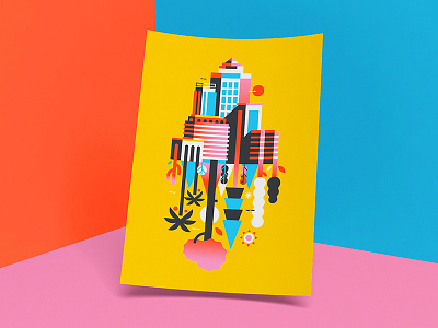 Barcelona Designers Collective buildings city color block colors flat flat illustration geometry jungle minimal nature poster tree