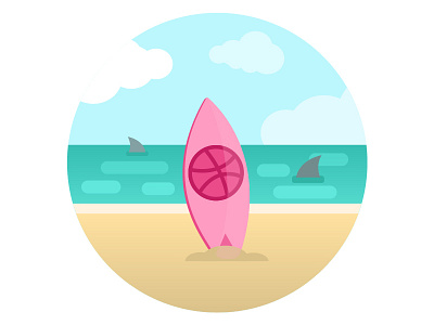 First shot "Hello Dribbble" beach flat gide1artstudio illustration ocean sea shark summer sunny surfboard vector wave