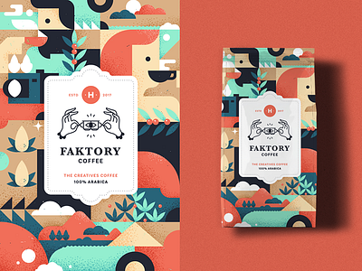 Faktory Coffee branding coffee color colorful design flat landscape leaves packaging people texture