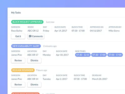 Tasks for Clinic Schedulers dashboard healthcare hospitals list minimal redesign tasks