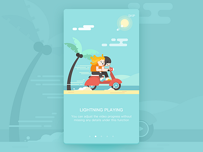 Onboarding Screen#2 beach biker blue coconut tree couple illustration motorcycle summer sunset