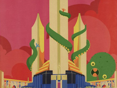Octopus attacks world's fair cartoon character illustration illustrator octopus poster poster design