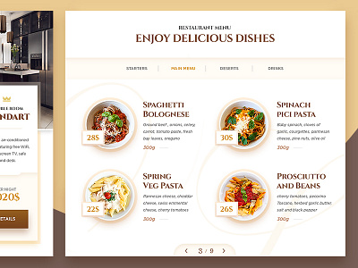 Restaurant Menu brown design dishes food gold hotel menu pasta restaurant ui web