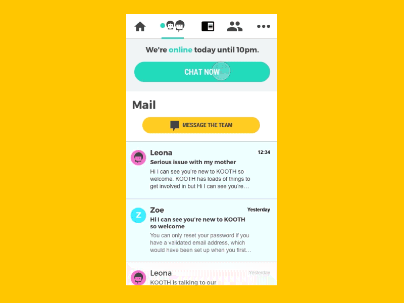 Kooth from Xenzone animation chat design interactions mobile responsive ui ux