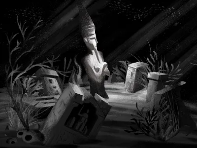 Shrine Sketch black and white bottom coral reef deep egyptian fish gouache sea shrine sketch statue underwater