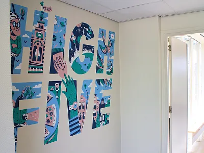 Mural Atlassian High Five amsterdam bike bird drawing high five illustration lettering mural type wall wall painting wallpainting