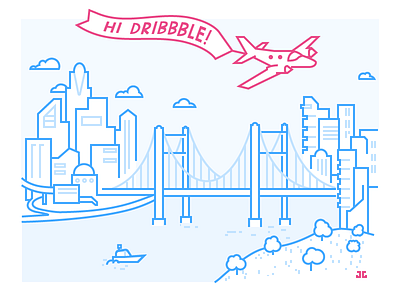 City Illustration - Dribbble Debut banner bridge city debut first shot illustration line monochrome plane river