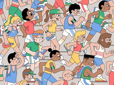 Running in the Heat 2d black outline character design crowd scene exercise fitness illustration running sun