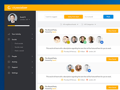 Citysocializer Social Dashboard citysocializer dash dashboard orange people social social network socials yellow