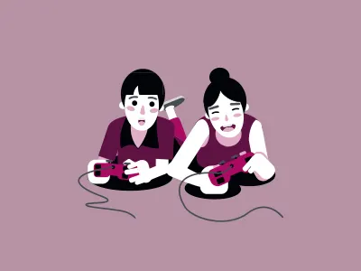 Teenagers relax by playing video games boy character creative design flat game girl icon illustration kids people play