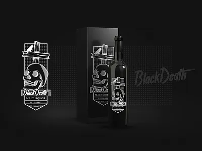 Black Death Liquor Bottle Design beer bird black bottle cross graphic illustration label liquor packaging skull white