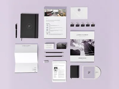 James Flores Music Studio 〰️ Brand identity mock-up brand identity branding flat lay logo logo design music music studio music teacher musician piano purple visual identity
