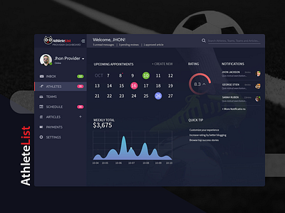 AthleteList Webapp app calendar dark dashboard graph gui illustration minimal player sports training web