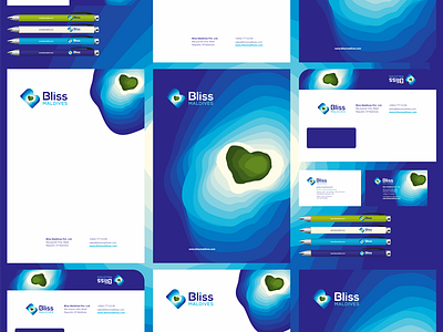 Bliss Maldives, travel agency identity design a4 letterhead business cards branding europe heart shaped island identity design islands logo design maldives ocean sea waves island stationery design travel agency traveling travelling