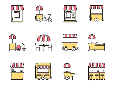 Street food retail icons business cafe cart food icon line market set shop store street vector