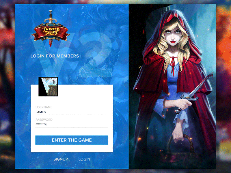 Twisted Tales Login/ Registration Pop Up artwork blue devin hansen forms game login logo registration