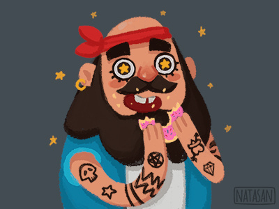 Biker beard biker cartoon character donut eating man