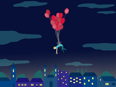 B-day night balloons birthday drawing evening flying illustration illustrator night town vector