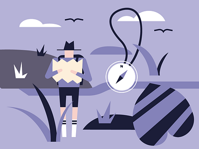 Lost in the wild character compass flat illustration leaf man map nature purple