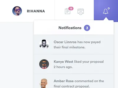 Notifications dropdown menu navigation notifications purple slider ui ux