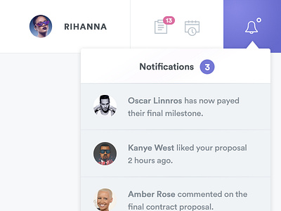 Notifications dropdown menu navigation notifications purple slider ui ux