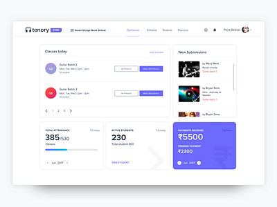 Tenory Sync Dashboard admin class dashboard learn music payment stats student sync tenory ui ux website