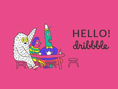 Hello Dribbble afternoon tea dribbble first hello illustration monster shot table tea