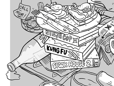 VHS stack with avocado toast avocado bw illustration manga studio vhs