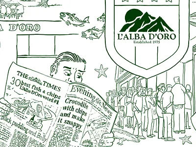 L'Alba D'Oro Mural - Sample #2 boat crocodile edinburgh farm fish illustration mural newspaper scotland