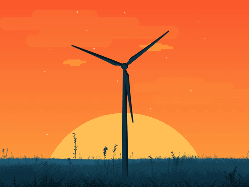 Wind turbine, work in progress animation debute field first shot hello dribbble sunset wind turbine wip