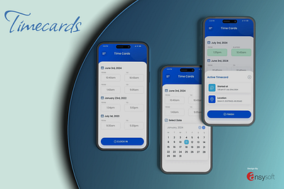 The mobile app named " Timecards" designed by Ansysoft adobephotoshop clockinclockout easytimesheet efficiencyapp employeetimesheet freelancerapp independentcontractor mobileapp productivityapp timecardapp timemanagement timesheet timesheettracker tracktime userfriendlyapp workhours worklog