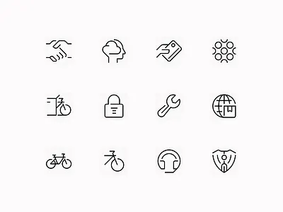 VanMoof Iconography bicycle bike branding graphic design handshake icon icon designer icon set icon system iconography icons illustration illustrator lock set shield shipping support tool vector