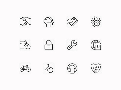 VanMoof Iconography bicycle bike branding graphic design handshake icon icon designer icon set icon system iconography icons illustration illustrator lock set shield shipping support tool vector