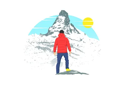 Climber's High alps art blue climber hiking illustration man mountain peak red