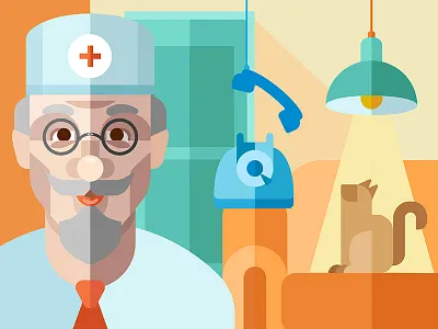 Doctor at home cat doctor flat home illustration interior light medic simple telephone