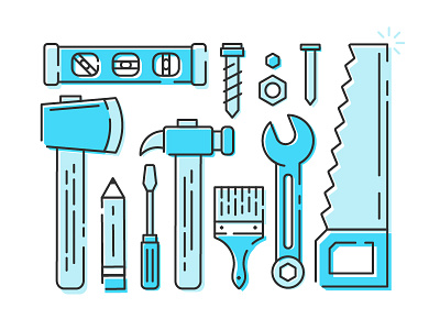 Tools of the trade axe hammer hatchet icon level paint brush pencil saw screw screwdriver tool wrench