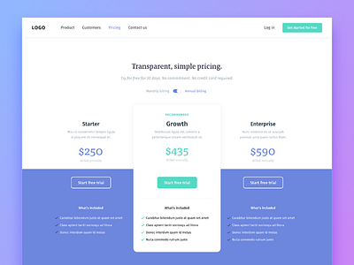 Transparent, simple pricing. 💸 design modern plans pricing purple trial typography ui web website