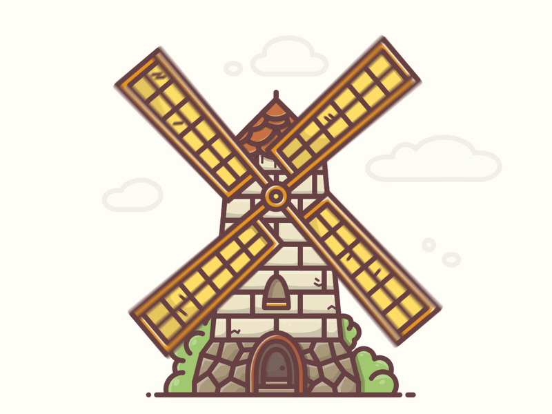 Windmill animation brick bush cloud farm generator gif power roof stroke wind windmill