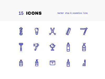 BJØRN Icon Set - Barber shop’s corporate identity barber blade bottle cosmetic hairdryer icon icon set line mirror outline scissors symbol