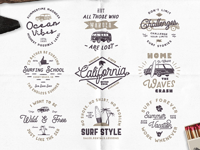 Summer Surfing Emblems badge branding emblem insignia logo retro retro label summer summertime surfing typography vintage
