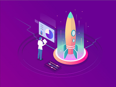 Launching Rocket 3d illustration isometric rocket screen system technician technology