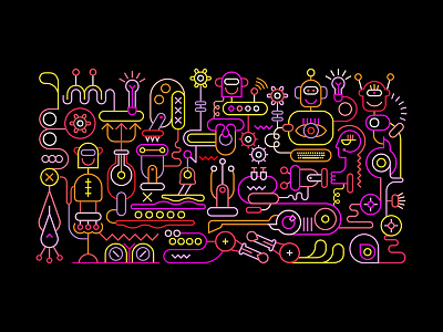 Robot Workshop bot neon illustration industry line art manufacturing repair robot robotics workshop