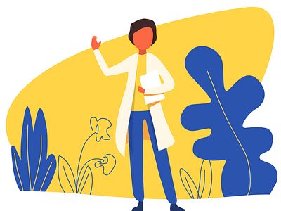 Welcome assistant blue character person plants wave yellow