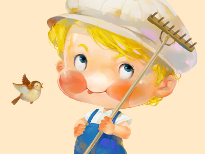 Blond boy apple bird illustration label little boy xnhan00 yellow