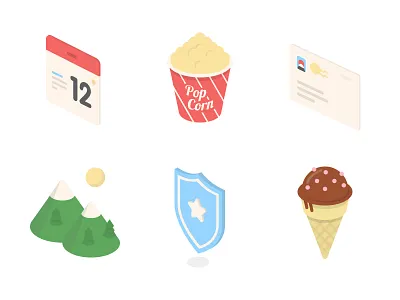 Isometric Six calendar cute email event flat ice cream icons isometric mountain shield