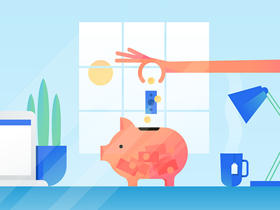 Switch Plans, Save Money flat illustration laptop money piggy bank save window