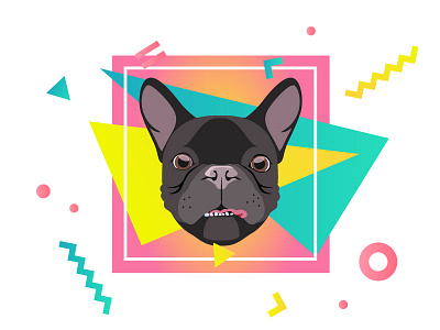 French Pitbull Illustration 80s dog party