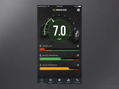 Mozzie Mobile App Dashboard app chart dark dashboard gauge hoverboard iphone mobile scooter speed speedometer ui