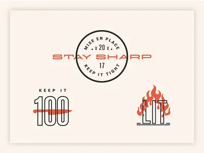 Mise en Place Club 100 badge chef event fire flame food knife logo stamp typography
