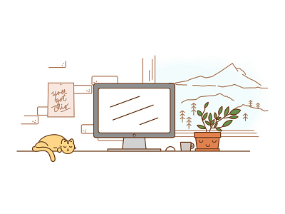 Portland Desktop Scene desk illustration desk line art desk scene desktop desktop mac desktop scene mac macbook illustration mount hood portland portland design